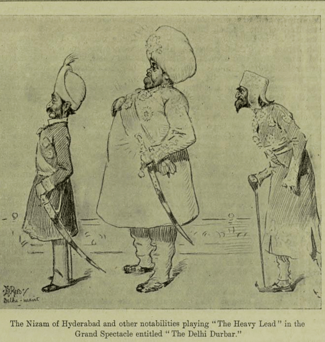The Nizam of Hyderabad, The Maharaja of Baroda, and the Raja of Mysore at the Delhi Durbar, <i>Punch</i>, or <i>The London Charivari</i>, 4 February 1903