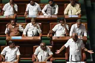 Former Karnataka chief minister B S Yeddyurappa addressing the house before resigning. (Arijit Sen/Hindustan Times via Getty Images)