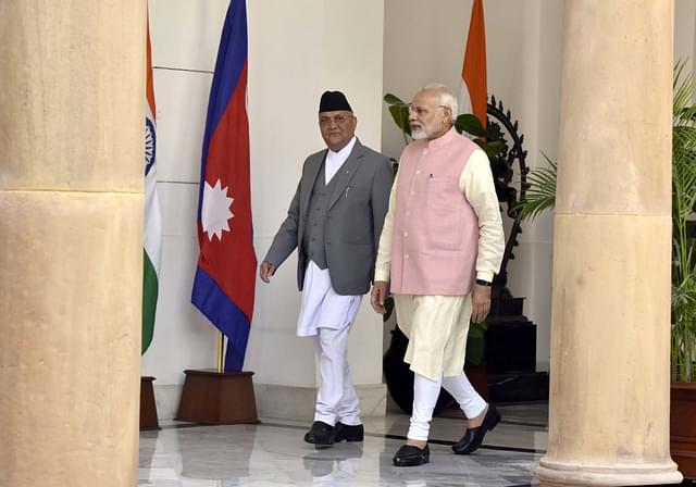 Prime Minister Narendra Modi with his Nepalese counterpart Khadga Prasad Sharma Oli before their meeting in New Delhi. (Sonu Mehta/Hindustan Times via Getty Images)&nbsp;