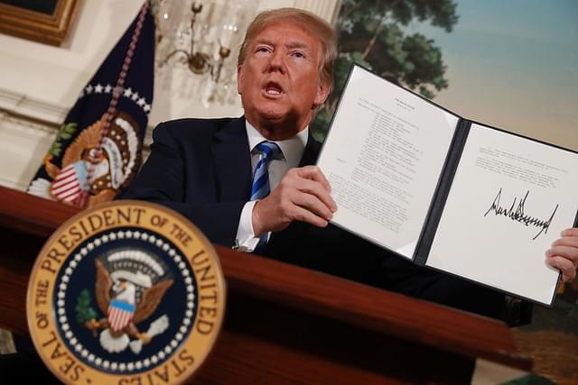 US President Donald Trump announces reinstatement of sanctions on Iran. (Chip Somodevilla via Getty Images)