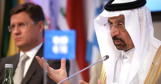 Saudi energy minister Khalid Bin Abdulaziz Al-Falih, and Russian energy minister Alexander Novak (Akos Stiller/Bloomberg via Getty Images)