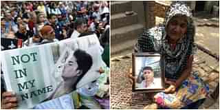 A protest against killing of Junaid Khan, left.  Devendra’s mother holds a portrait of her son who was killed similarly over a seat dispute, right.