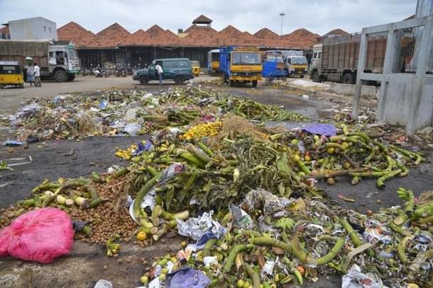 Fruits and vegetable wastes dumped at Koyambedu market complex. A part of the waste goes to meeting supply needs of the nearby bio-gas plant that produces power. 
