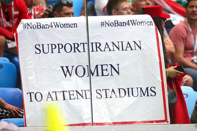 Poster supporting women’s right to attend stadiums at the match in Russia. (Alex Livesey/Getty Images)