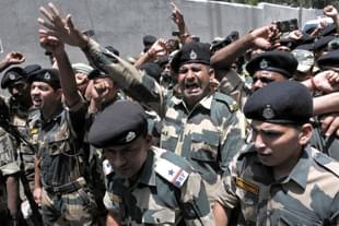 BSF Jawans during the wreath lying ceremony for their slain colleagues. (Nitin Kanotra/Hindustan Times via Getty Images)