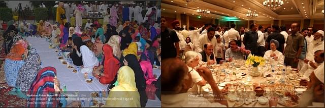 The Iftaar hosted by BJP’s Naqvi (left) and the party hosted by Rahul Gandhi (right) (@imrankit/Twitter)