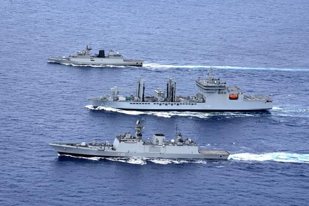Indigenous stealth frigate INS Sahyadri, anti-submarine stealth corvette INS Kamorta and a fleet tanker. (Livefist/Twitter)