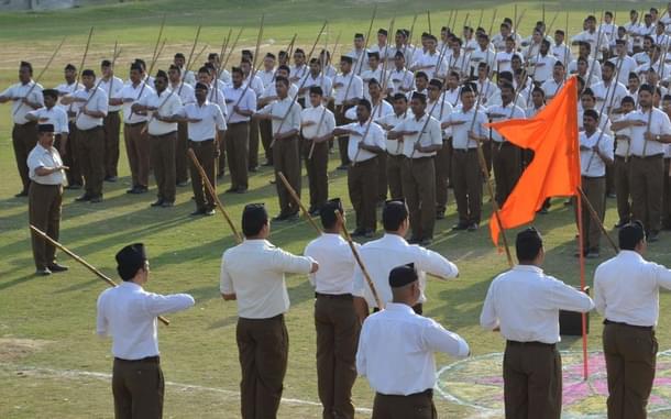 RSS volunteers during Pad Sanchalan in Varanasi (Adarsh Gupta/Hindustan Times via Getty Images)