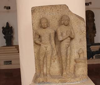 Buddhist monks worshiping Linga-like structure, eighth century, Thanjavur museum: worship of the fiery column in Buddhist iconography is derived from Vedic Agni-Rudra-Skambha motif.