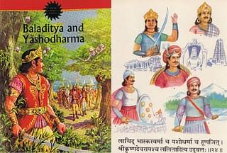 Nehruvian textbooks ignore Yasodharma, but he is still a national hero. Amar Chitra Katha’s title on him (left), and Yasodharma referred to as “Huna-Jith” in Rashtriya Swayamsevak Sangh morning prayer (right).