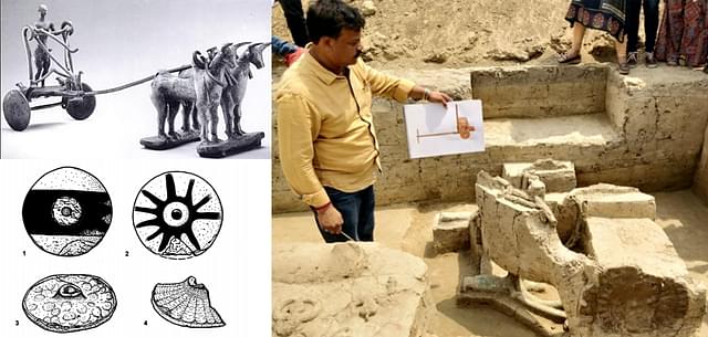 (left top: Harappan chariot bronze model, Delhi Museum ; left bottom: Harappan wheels including wheels with spokes (Kenoyer); Right: The recent discovery of chariot in the burial)&nbsp;