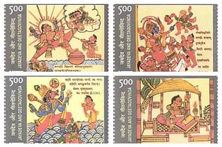 Stamps issued by the government of India depicting Jayadeva with each of the 10 Dasavataras along with the one (bottom-right) depicting Jayadeva composing the <i>Gita Govinda</i>.