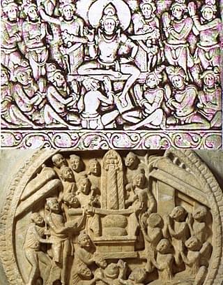 Svetakethu, top, declares to <i>devas </i>his intention to be born as Buddha; (below) Buddha worshiped as a fiery pillar – related to <i>Vedic Agni</i>.
