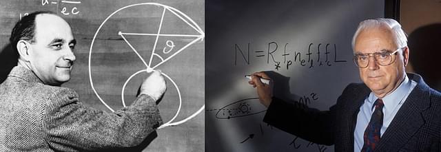 Enrico Fermi (L) and Frank Drake (R) with their equations for the possibility of extraterrestrial intelligence.