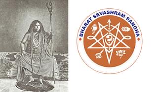 <i>Swami Pranavananda</i> and the logo of <i>Bharat Sevashram Sangha</i> he founded in 1917