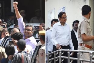 Karti Chidambaram (Raj K Raj/Hindustan Times via Getty Images) and  P Chidambaram (Sanchit Khanna/Hindustan Times via Getty Images) 