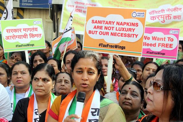 NCP leader Supriya Sule leads protests against levying GST on Sanitary Napkins (Bhushan Koyande/Hindustan Times via Getty Images)