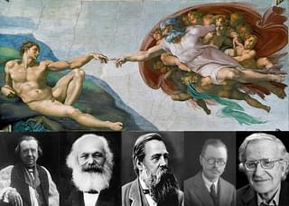 Anti-Darwinians emphasising human uniqueness: Bishop Wilberforce, Karl Marx, Friedrich Engels, archaeologist Gordon Childe and linguist Noam Chomsky.&nbsp;