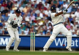 Rahul Dravid hits out during the third day of the NPower fourth test match between England and India in 2002 at the AMP Oval in London, England. (Mike Hewitt/Getty Images)