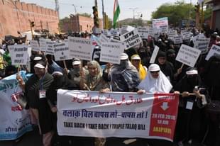 Women led by the women wing of the All India Muslim Personal Law Board take out a silent march in Jaipur to protest against the Triple Talaq bill which they say is anti-Sharia and anti-women. (Prabhakar Sharma\Hindustan Times via GettyImages)