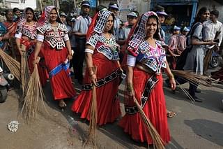 Women from the Lambadi tribe take part in a ‘Swachh Bharat Abhiyan’  in Hyderabad.