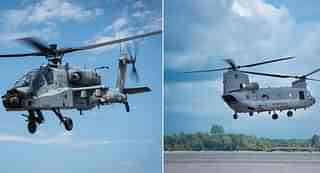 Apache (L) and Chinook (R) helicopters built by Boeing for India.(BoeingIndia/Twitter)