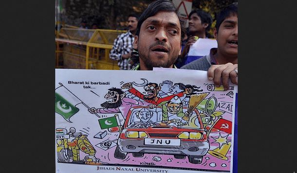 Activists shout slogans against Jawaharlal Nehru University (JNU). (Qamar Sibtain/India Today Group/Getty Images)