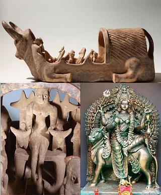 The bull throne goddess in the Harappan artifact (second millennium BCE) and bull riding goddess Maha Gauri - present day Hinduism. The solar symbolism of both bull and lion connect them.