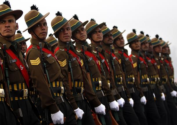 A contingent of Kumaon Regiment march during the Army Day parade at New Delhi. (Arun Sharma/Hindustan Times via GettyImages)