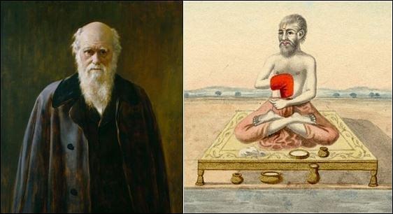 Charles Darwin, left, and Kapila Muni, the founder of Samkhya. (National Portrait Gallery and the British Museum)
