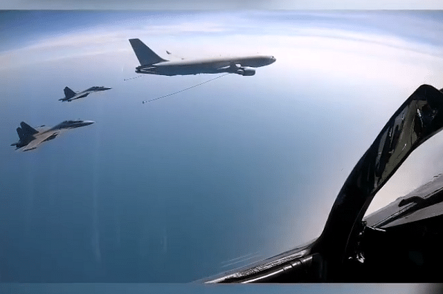 Indian Air Force’s Su-30MKIs being refueled by a Royal Australian Air Force KC-30A tanker mid-air. 