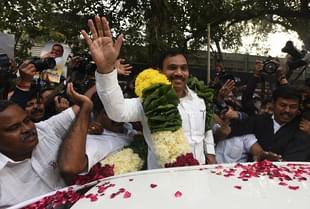 DMK Leader and former Union Telecom Minister A Raja with his supporters celebrating after 2G Case Verdict by Patiala House Court on December 21, 2017 in New Delhi. (Sonu Mehta/Hindustan Times via Getty Images)