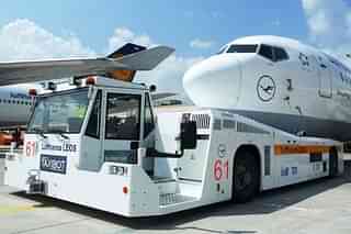 A TaxiBot towing a Lufthansa plane at Frankfurt International Airport&nbsp;