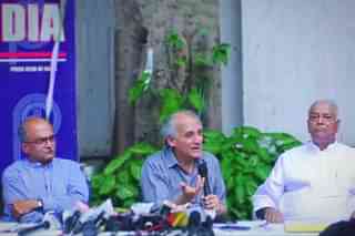 (L-R) Prashant Bhushan, Arun Shourie, and Yashwant Sinha spoke to the press about the Rafale deal.