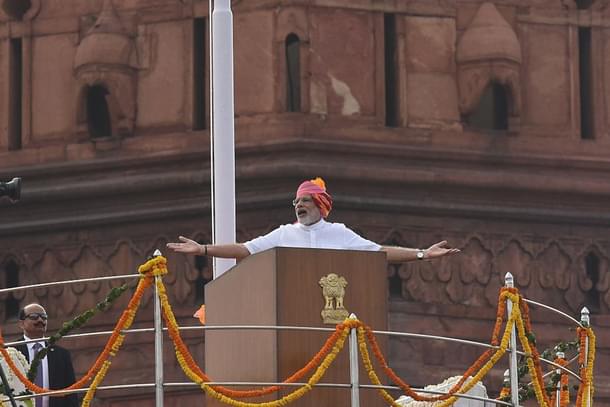 Prime Minister Narendra Modi addresses the nation during the Independence Day celebration at Red Fort in New Delhi. (Arvind Yadav/Hindustan Times via GettyImages) 