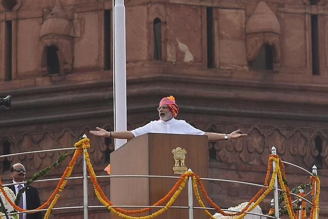 Prime Minister Narendra Modi addresses the nation during the Independence Day celebration at Red Fort in New Delhi. (Arvind Yadav/Hindustan Times via GettyImages)&nbsp;