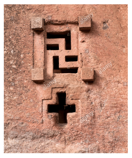 <i>Cross and hooked cross carved in walls of Lalibela Church</i>