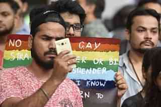 LGBT community members during the protest against Article 377 at Jantar Mantar  in New Delhi, India. (Raj K Raj/Hindustan Times via Gett Images)