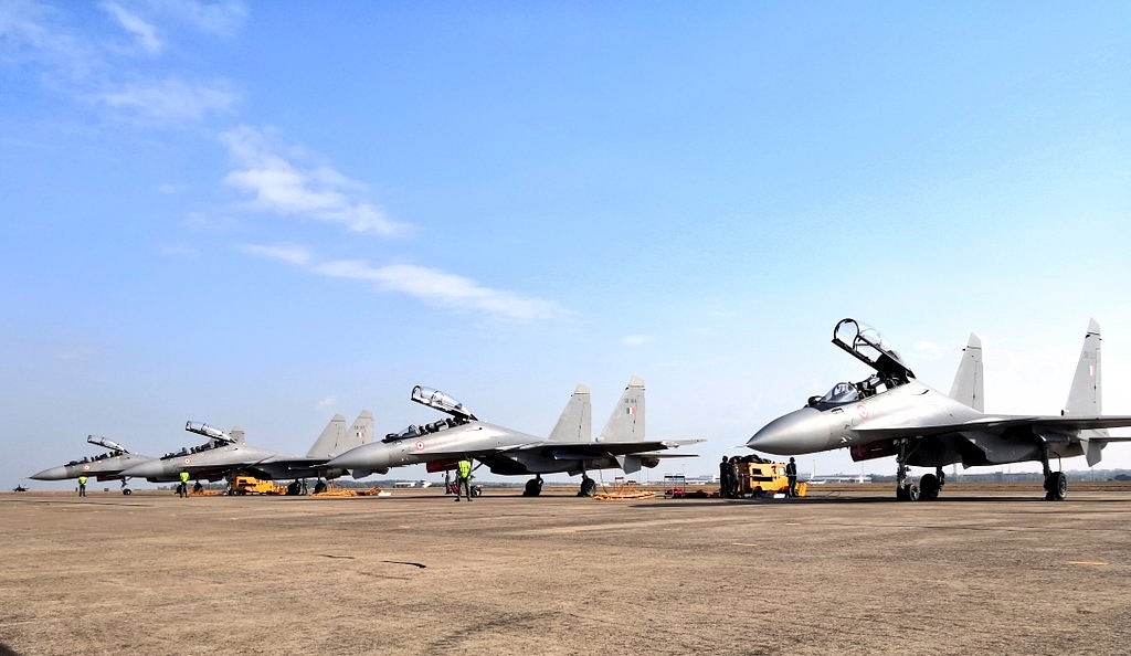 Four Sukhoi Su-30MKI fighters sent by India for the exercise. (Indian Air Force/Twitter)<br>