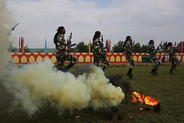 New recruits of the CRPF perform drills during the passing out parade on 14 May 2015 in Humhama, on the outskirts of Srinagar, India. (Waseem Andrabi/Hindustan Times via GettyImages)