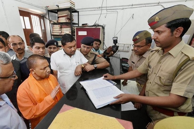 Uttar Pradesh CM Yogi Adityanath pays a surprise visit to Hazratganj police station.