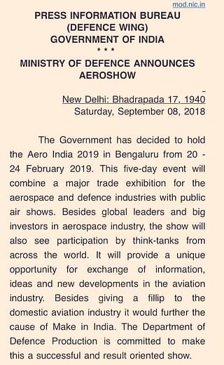 Defence Ministry announcement over Aero India 2019 (@livefist/Twitter)
