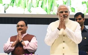 Prime Minister Narendra Modi and Health Minister J P Nadda at the inauguration of END-TB Summit and launch of the TB Free India Campaign. (Mohd Zakir/Hindustan Times via Getty Images) 