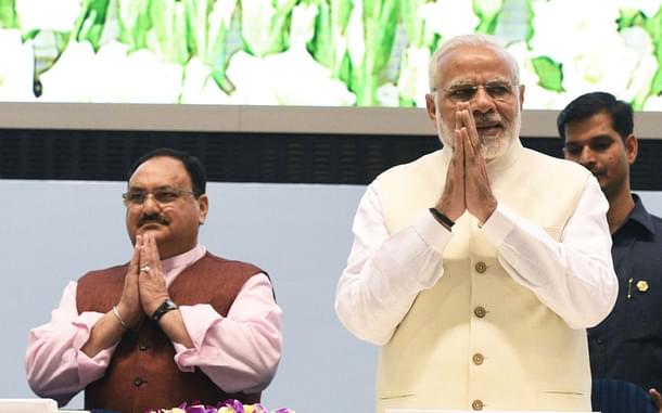 Prime Minister Narendra Modi and Health Minister J P Nadda at the inauguration of END-TB Summit and launch of the TB Free India Campaign. (Mohd Zakir/Hindustan Times via Getty Images) 