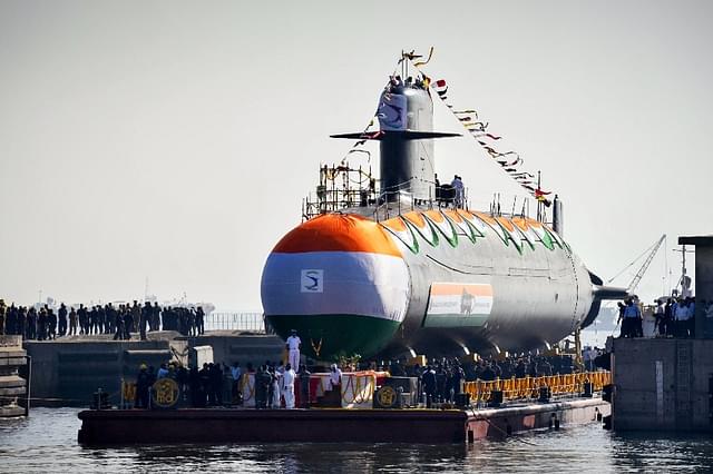 Khanderi, the second of Indian Navy Scorpene-class stealth submarine, being launched  at Mazagon Dock Shipyard Limited (Kunal Patil/Hindustan Times via Getty Images)