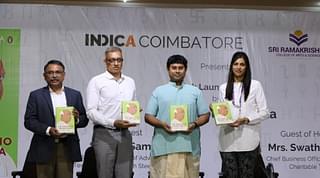 At the book launch, from left, are Sri Ramakrishna College of Arts and Science principal Dr K Karunakaran, Ravisam from Adwaith Lakshmi Group of Companies, Hindol Sengupta, and SNR &amp; Sons Charitable Trust chief business officer Swathy Rohit.