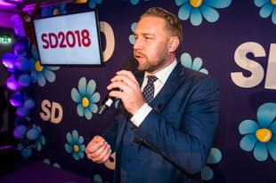 Secretary of the Sweden Democrats Mattias Karlsson speaks to supporters of the far-right party atStockholm, Sweden. (Photo by Michael Campanella/Getty Images)