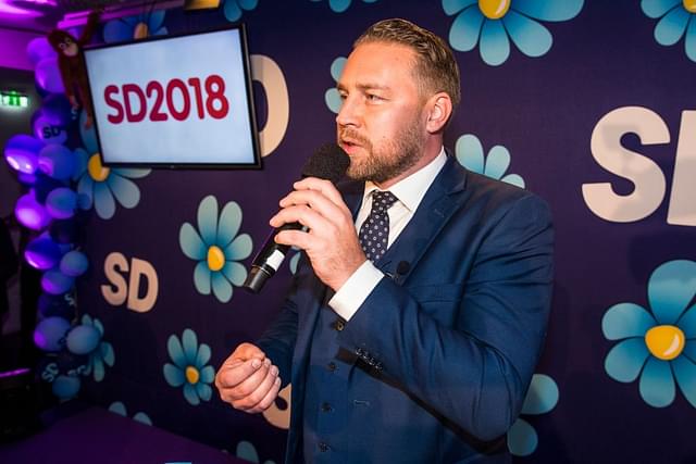 Secretary of the Sweden Democrats Mattias Karlsson speaks to supporters of the far-right party atStockholm, Sweden. (Photo by Michael Campanella/Getty Images)