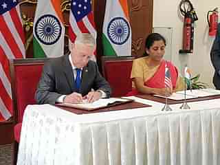 The signing of the COMCASA by Defence Minister Sitharaman and US Secretary of Defense James Mattis after the inaugural 2+2 Dialogue.&nbsp;