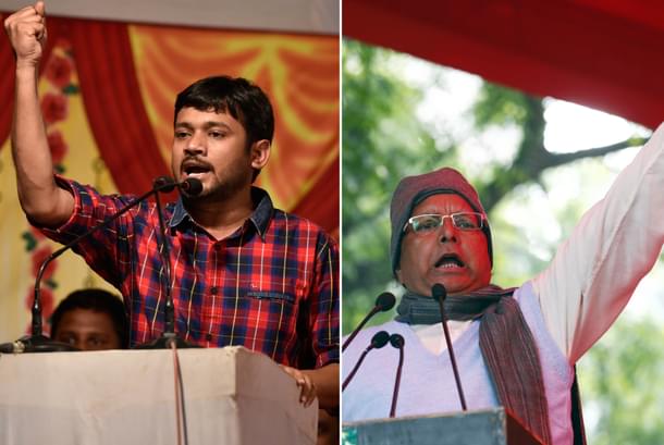 Former JNUSU president Kanhaiya Kumar and jailed ex-chief minister of Bihar Lalu Prasad Yadav. 